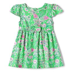 Babyhug Single Jersey Knit Half Sleeves Frock with Giraffes and Flowers Print With Bow Applique - Green