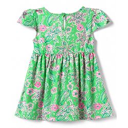 Babyhug Single Jersey Knit Half Sleeves Frock with Giraffes and Flowers Print With Bow Applique - Green