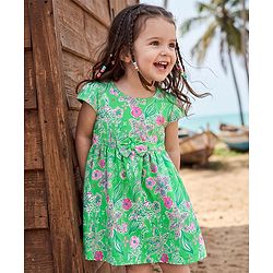 Babyhug Single Jersey Knit Half Sleeves Frock with Giraffes and Flowers Print With Bow Applique - Green