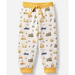 Babyhug Cotton Jersey Knit Full Length Jogger Fit Lounge Pants with Vehicle Print Pack of 3 In Black White & Blue