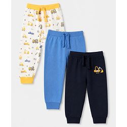 Babyhug Cotton Jersey Knit Full Length Jogger Fit Lounge Pants with Vehicle Print Pack of 3 In Black White & Blue