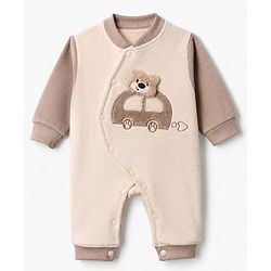 Babyhug Fur Knit Footed Romper with Full Sleeves and Car Patch in Cream