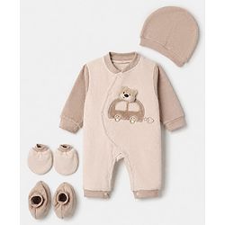 Babyhug Fur Knit Footed Romper with Full Sleeves and Car Patch in Cream