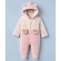 Babyhug Fur Knit Footed Winter Romper with Full Sleeves and Bear Applique in Pink