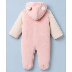 Babyhug Fur Knit Footed Winter Romper with Full Sleeves and Bear Applique in Pink