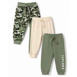 Babyhug Cotton Jersey Knit Full Length Jogger Fit Solid Lounge Pant with Camouflage Pack of 3 in Green Beige