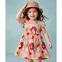 Babyhug Single Jersey Knit One Piece Dress with Half Sleeves and Floral Print - Peach