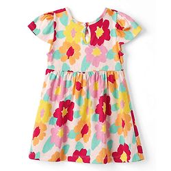 Babyhug Single Jersey Knit One Piece Dress with Half Sleeves and Floral Print - Peach