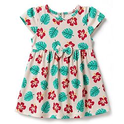 Babyhug Single Jersey Knit Half Sleeves One Piece Dress with Tropical Print - Red & Beige
