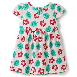 Babyhug Single Jersey Knit Half Sleeves One Piece Dress with Tropical Print - Red & Beige