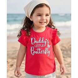 Babyhug 100% Cotton Knit Full Sleeves T-Shirt with Daddy's Little Butterfly Print - Red