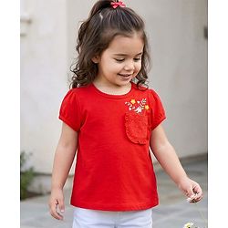 Babyhug 100% Cotton Knit Half Sleeves T-Shirt With Floral Print - Red