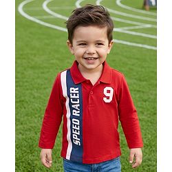 Babyhug Knit Full Sleeves Polo T-Shirt with Speed Racer 9 Print - Red