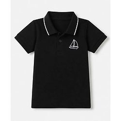 Babyhug Knit Half Sleeves Solid Polo T-Shirt with Sailboat Embroidery - Black