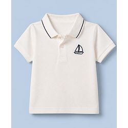 Babyhug 100% Cotton Knit Polo Tee with Half Sleeves and Sailboat Embroidery in White for 6-9 Months