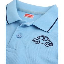 Babyhug 100% Cotton Knit T-Shirt with Half Sleeves and Car Embroidery in Light Blue