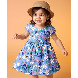 Babyhug Single Jersey Knit Half Sleeves Frock with Floral & Bees Print - Blue