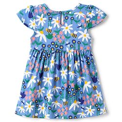 Babyhug Single Jersey Knit Half Sleeves Frock with Floral & Bees Print - Blue