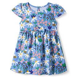 Babyhug Single Jersey Knit Half Sleeves Frock with Floral & Bees Print - Blue