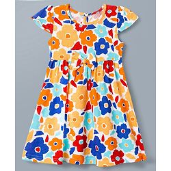 Babyhug Single Jersey Knit Cap Sleeves Floral Printed Frock With Bow Applique - White