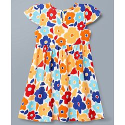 Babyhug Single Jersey Knit Cap Sleeves Floral Printed Frock With Bow Applique - White