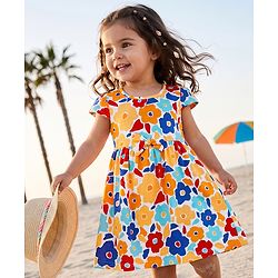 Babyhug Single Jersey Knit Cap Sleeves Floral Printed Frock With Bow Applique - White