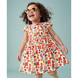 Babyhug Single Jersey Knit One Piece Dress with Half Sleeves and Tropical Fruit Print - White