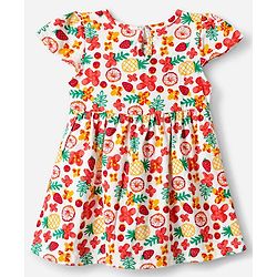 Babyhug Single Jersey Knit One Piece Dress with Half Sleeves and Tropical Fruit Print - White