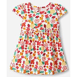 Babyhug Single Jersey Knit One Piece Dress with Half Sleeves and Tropical Fruit Print - White