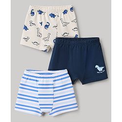 Babyhug 100% Cotton Knit Briefs with Dino & Stripes Print in Navy Blue & White Pack of 3