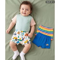 Babyhug 100% Cotton Single Jersey Knit Striped & JCB Printed Trunks Pack of 3 - Blue