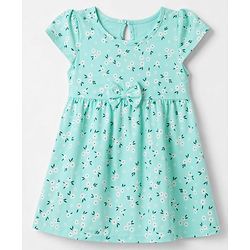 Babyhug Single Jersey Knit Half Sleeves One Piece Dress with Bow Applique and Floral Print - Aqua