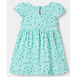 Babyhug Single Jersey Knit Half Sleeves One Piece Dress with Bow Applique and Floral Print - Aqua