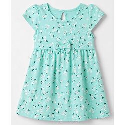 Babyhug Single Jersey Knit Half Sleeves One Piece Dress with Bow Applique and Floral Print - Aqua