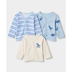 Babyhug 100% Cotton Interlock Knit Front Open Jhablas with Stripes & Dino Print in Blue & White Pack of 3