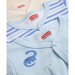 Babyhug 100% Cotton Interlock Knit Front Open Jhablas with Stripes & Dino Print in Blue & White Pack of 3