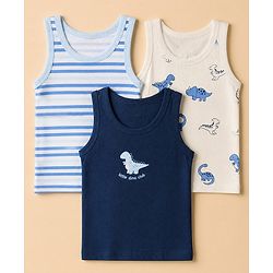 Babyhug 100% Cotton Single Jersey Knit Vests with Dino & Stripes Print in Blue & White Pack of 3