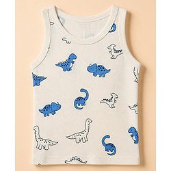 Babyhug 100% Cotton Single Jersey Knit Vests with Dino & Stripes Print in Blue & White Pack of 3