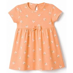 Babyhug Single Jersey Knit Half Sleeves Floral Printed Frock With Bloomer & Bow Applique - Peach