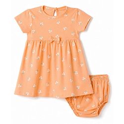 Babyhug Single Jersey Knit Half Sleeves Floral Printed Frock With Bloomer & Bow Applique - Peach