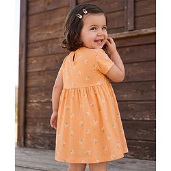 Babyhug Single Jersey Knit Half Sleeves Floral Printed Frock With Bloomer & Bow Applique - Peach