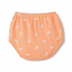Babyhug Single Jersey Knit Half Sleeves Floral Printed Frock With Bloomer & Bow Applique - Peach
