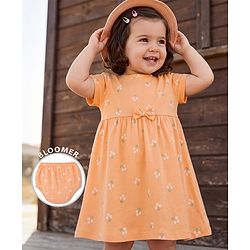 Babyhug Single Jersey Knit Half Sleeves Floral Printed Frock With Bloomer & Bow Applique - Peach