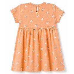 Babyhug Single Jersey Knit Half Sleeves Floral Printed Frock With Bloomer & Bow Applique - Peach