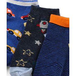 Cute Walk by Babyhug Knit Socks with Vehicles & Star Print Pack of 3 in Blue & Black