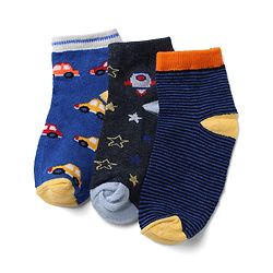 Cute Walk by Babyhug Knit Socks with Vehicles & Star Print Pack of 3 in Blue & Black