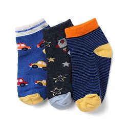 Cute Walk by Babyhug Knit Socks with Vehicles & Star Print Pack of 3 in Blue & Black