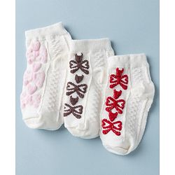 Cute Walk by Babyhug Knit Anti Bacterial Ankle Length Anti Skid Socks With Bow Design Pack of 3 - White