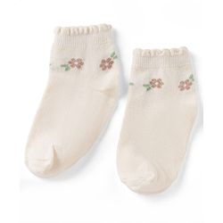 Cute Walk By Babyhug Poly Blends Knit Anti Bacterial Ankle Length Embroided Socks With Flower Design Pack of 3 - Sea Green, Light Peach & Off White