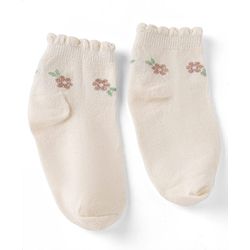 Cute Walk By Babyhug Poly Blends Knit Anti Bacterial Ankle Length Embroided Socks With Flower Design Pack of 3 - Sea Green, Light Peach & Off White